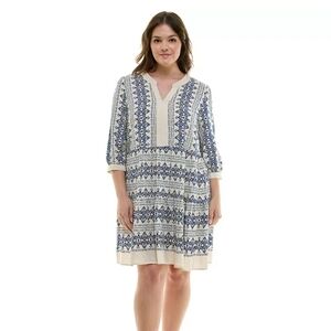 NWT Fig & Flower Cream/Navy Dress Plus Size V-Neck Printed Baby Doll 2X